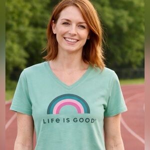 Life Is Good Soft GreenTee with Rainbow